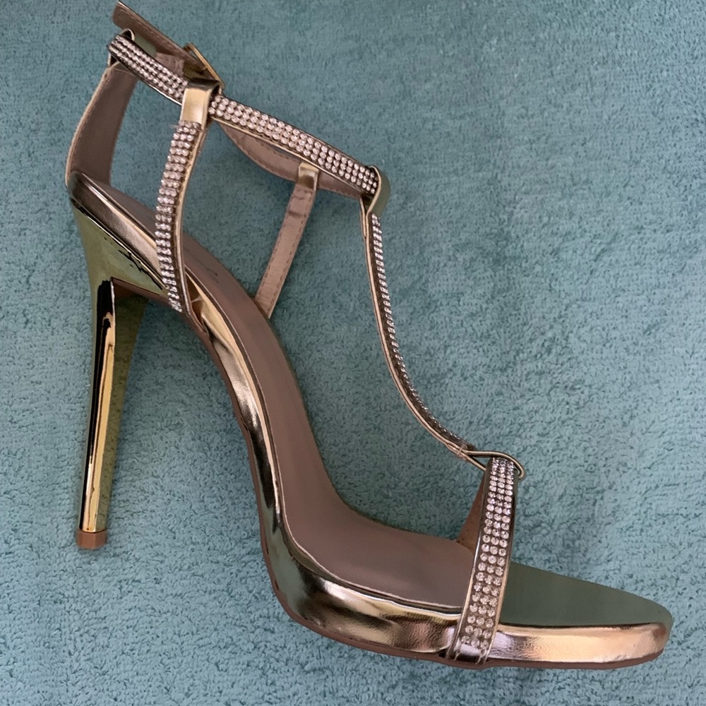 Gorgeous Qupid Metallic Gold T-Strap Rhinestone Stiletto Heels